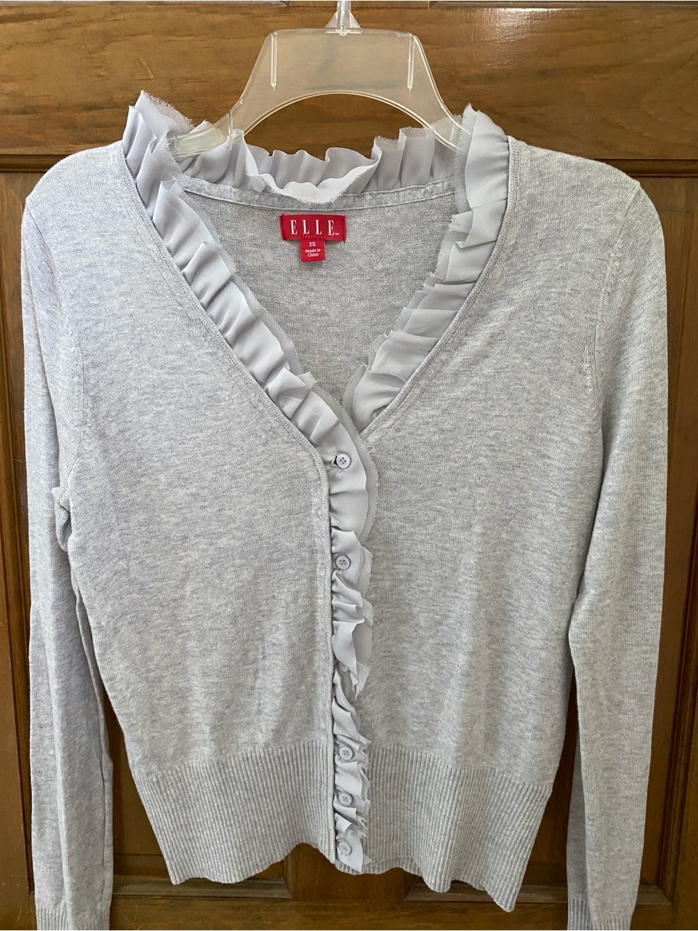 New ELLE Light Gray Ruffle-Trim V-Neck Cardigan